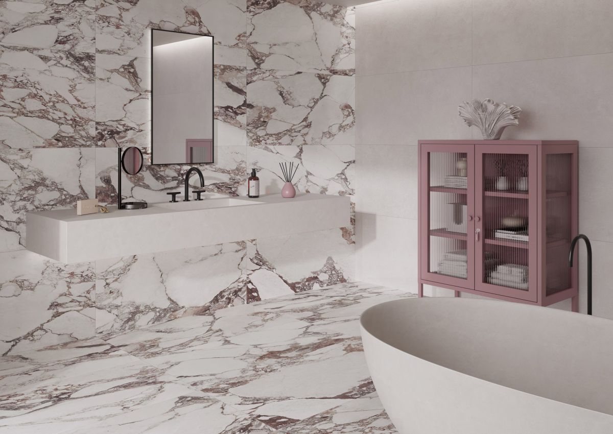 Calacatta Viola porcelain tiles in a room setting